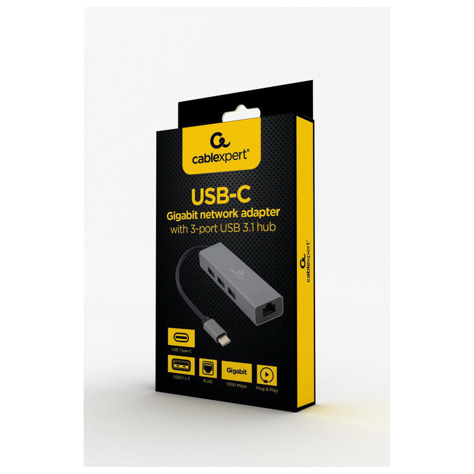 Gembird Adattatore di Rete Gigabit USB-C Hub USB 3.1 3 porte Grigio Metallo