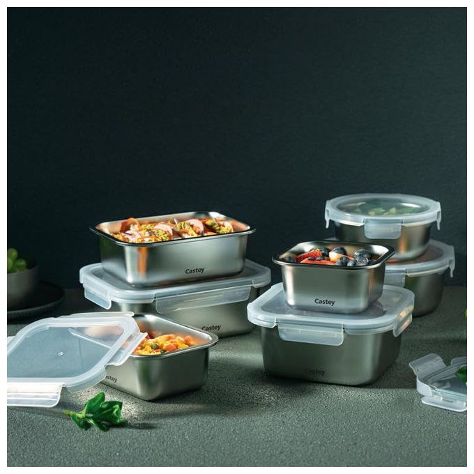 Castey Contenitore Rettangolare Acciaio Inox Chiusura Ermetica Per Alimenti