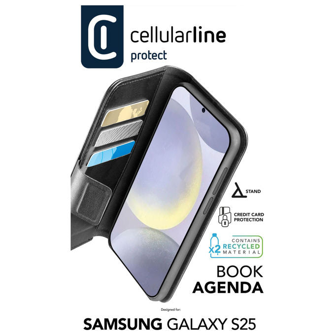 Cellularline BOOKAG2GALS25K Book Agenda Custodia a Libro Samsung Galaxy S25 Ecopelle Chiusura Magnetica RFID 3 Tasche colore Nero