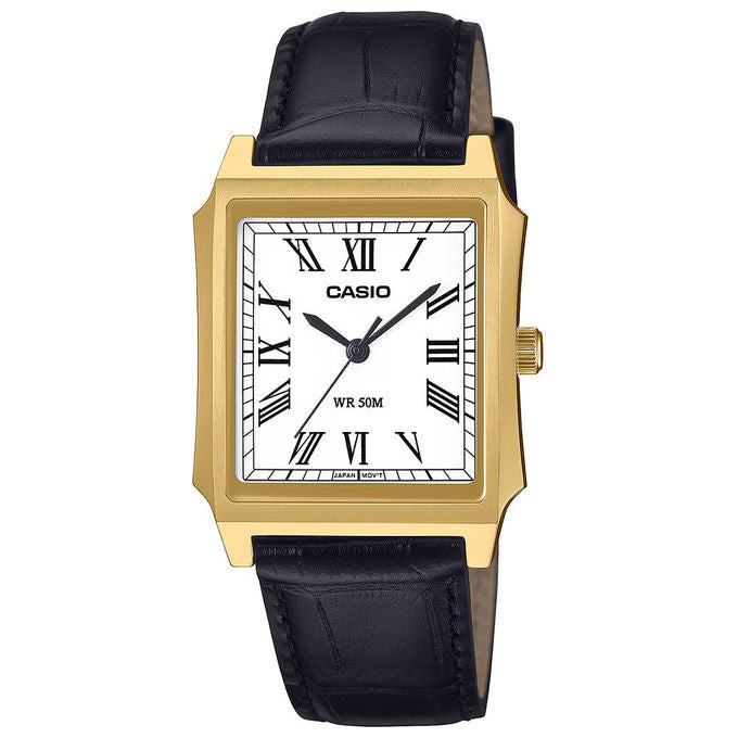 Casio Orologio Rettangolare Vintage Cassa Oro Cinturino Pelle Nera MTP-B190GL-7BVEF