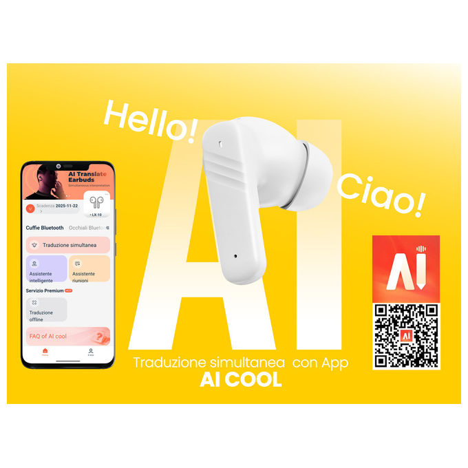 Trevi, Cuffie con Traduzione AI, Display Touch Screen, EAR 100 AID, Bianco