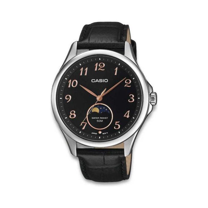 Casio Orologio Uomo Fasi Lunari Cinturino Pelle Nero Acciaio Inossidabile