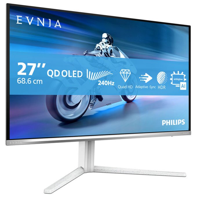 Philips 27M2N6501L da 265 pollici WQHD Monitor 240 Hz pannello QD-OLED GtG 003 ms Adaptive Sync. HDR10 G-Sync Comp. regolazione dell altezza (2560x1440 HDMI 2x 2.1 DP 1x1.4 Hub USB) Bianco