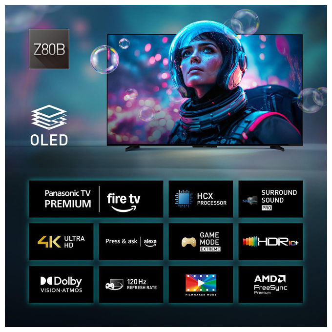 Panasonic, Tv OLED 4K Ultra HD, 55 Pollici, Smart Tv, Fire Tv, Dolby Vision e Atmos, Nero