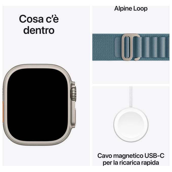 Apple Watch Ultra 3, 49mm, GPS + Cellular, Cassa Titanio, Alpine Loop Blu Chiaro
