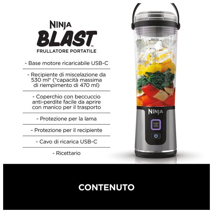 Ninja, Frullatore Portatile Blast, 0.53L, Blu Denim, Ricaricabile USB - C - Yeppon