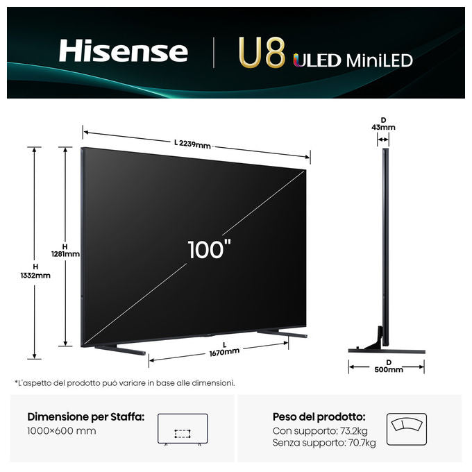 Hisense TV 4K Ultra HD 100U8Q Smart TV Wi-Fi Mini LED ULED 100 Pollici Nero Grigio