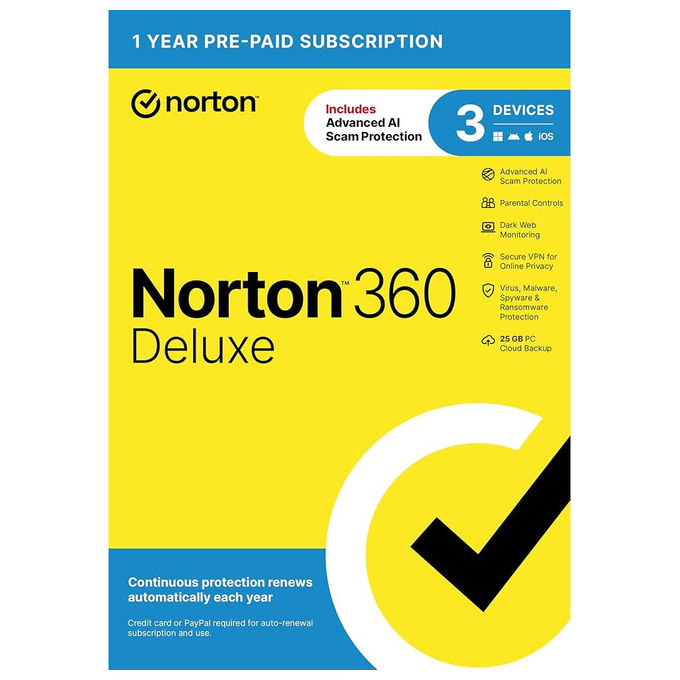 Norton 360 Deluxe 2026 3 Dispositivi Antivirus 1 Anno