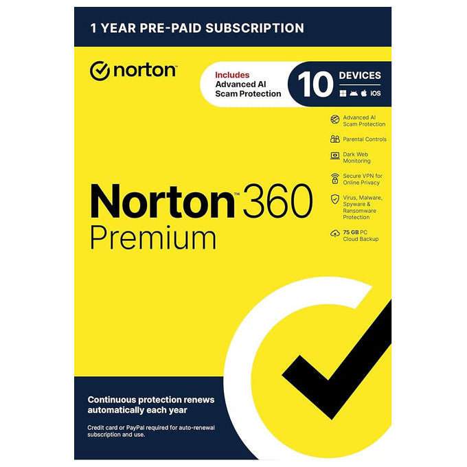 Norton 360 Premium 2026 Antivirus 10 Dispositivi 12 Mesi 75GB IT Box