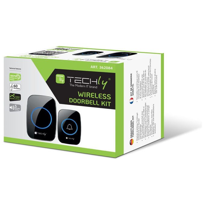 Techly, Kit Campanello Wireless, Portata 300m, 60 Melodie, Nero