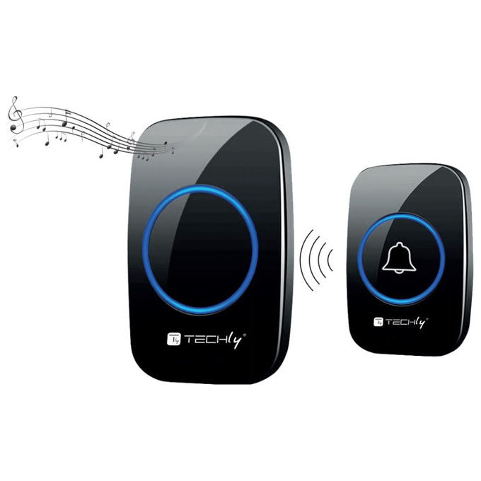 Techly, Kit Campanello Wireless, Portata 300m, 60 Melodie, Nero