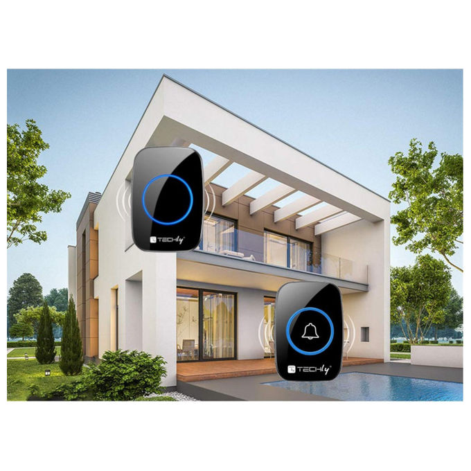 Techly, Kit Campanello Wireless, Portata 300m, 60 Melodie, Nero