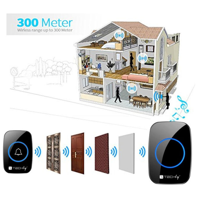 Techly, Kit Campanello Wireless, Portata 300m, 60 Melodie, Nero