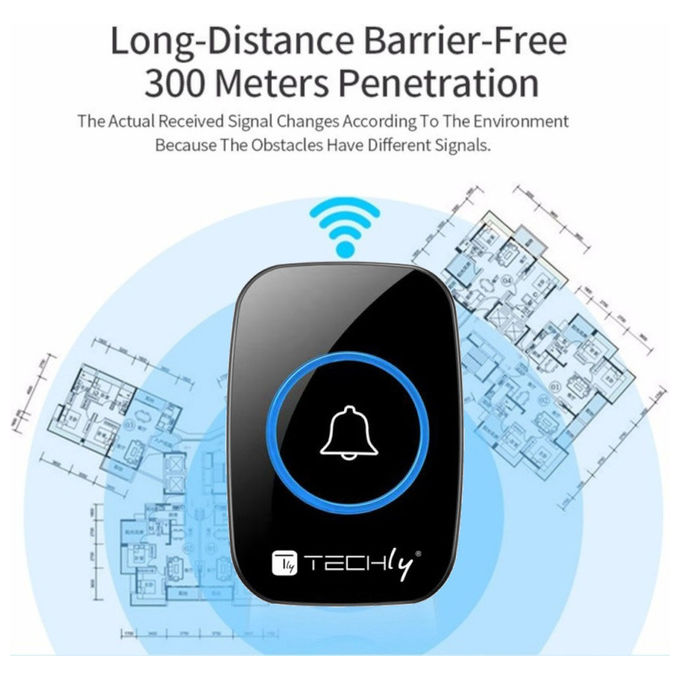 Techly, Kit Campanello Wireless, Portata 300m, 60 Melodie, Nero