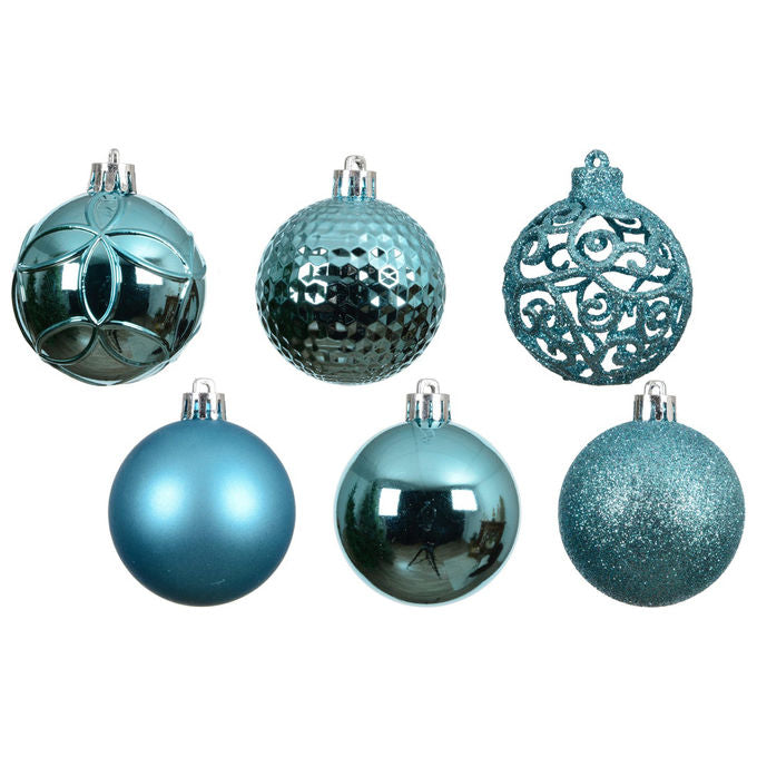 Decoris, Set 37 Palline Natale Blu Folk in Plastica, Ø 6 cm, Opache e Lucide