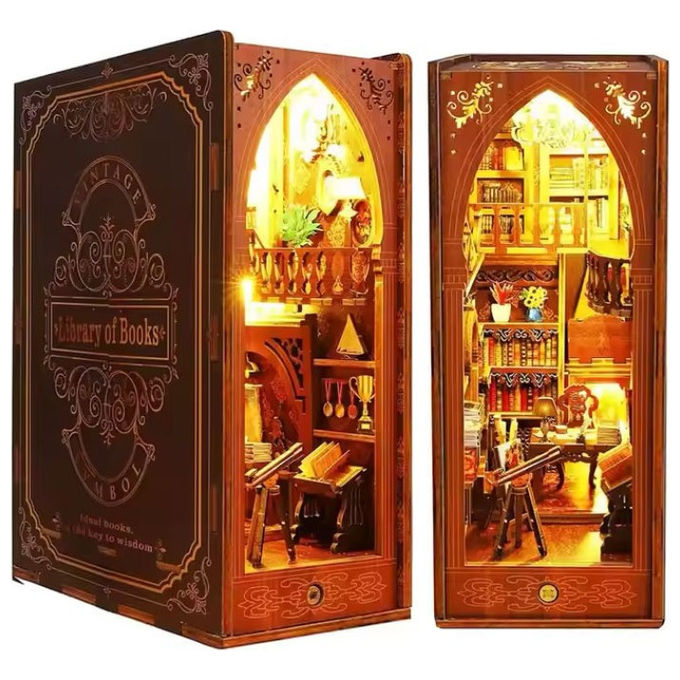 Altri Book Nook Libreria di Libri Mini Diorama in Legno Set di Luci e Accessori
