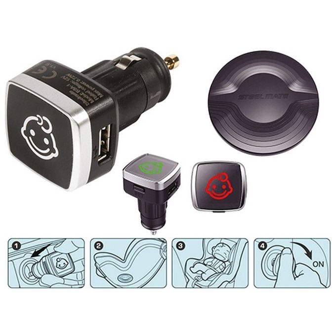 Steelmate BSA-1 – Avvisatore Bimbo a Bordo AP3C005, dispositivo anti-abbandono wireless, display-allarme acustico e visivo, pad sensore seggiolino, alimentazione da accendisigari, USB 2A
