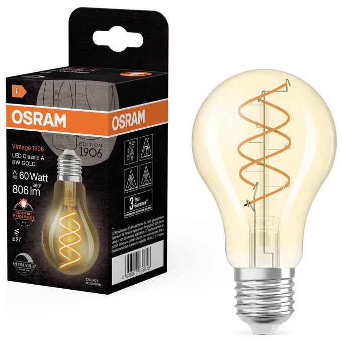 Osram Lampadina LED Vintage 1906 Classic Slim E27 Pera Filamento Oro 8W Dimmerabile