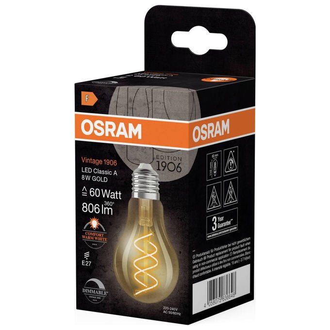 Osram Lampadina LED Vintage 1906 Classic Slim E27 Pera Filamento Oro 8W Dimmerabile