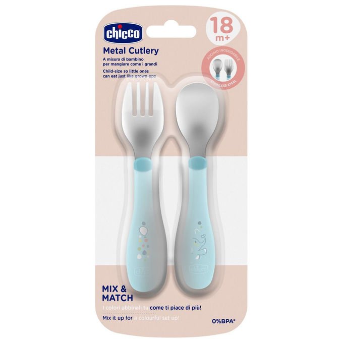 Chicco Set Posate per Bambini Acciaio Inossidabile Blu 18m+