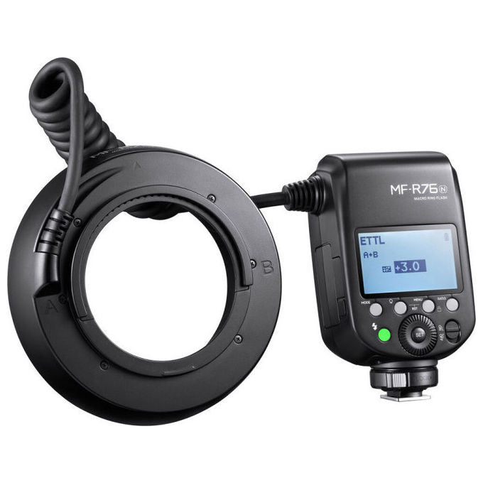 Godox MF-R76N TTL Macro Ring Flash Nikon con Illuminazione Coassiale Uniforme e Wireless 2.4G colore Nero