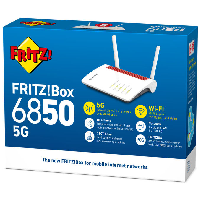 Fritz! Box 6850 Router 5G Wireless, Dual Band, Gigabit Ethernet, Bianco