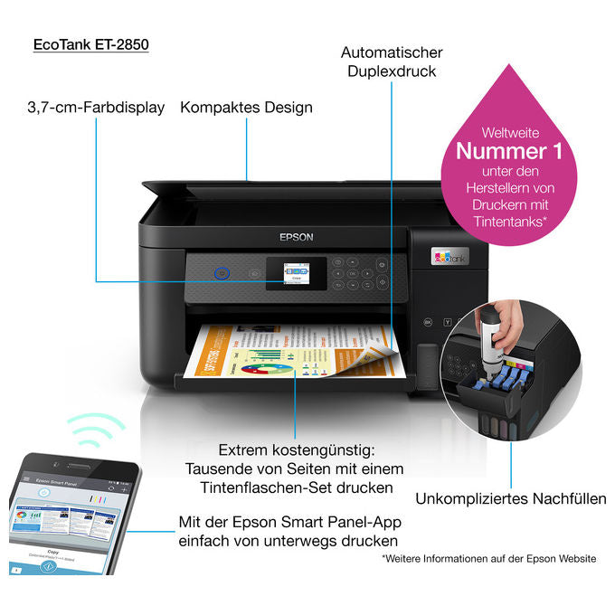 Epson EcoTank ET-2850, Stampante Multifunzione Inkjet A4, Serbatoi Ricaricabili, Wi-Fi