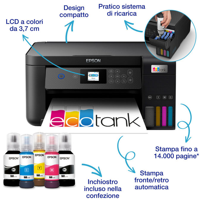 Epson EcoTank ET-2850, Stampante Multifunzione Inkjet A4, Serbatoi Ricaricabili, Wi-Fi