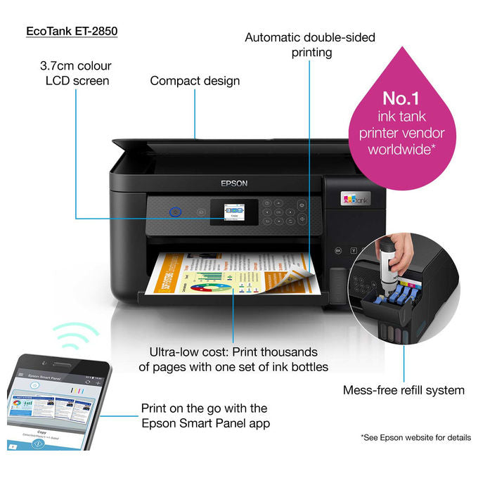 Epson EcoTank ET-2850, Stampante Multifunzione Inkjet A4, Serbatoi Ricaricabili, Wi-Fi