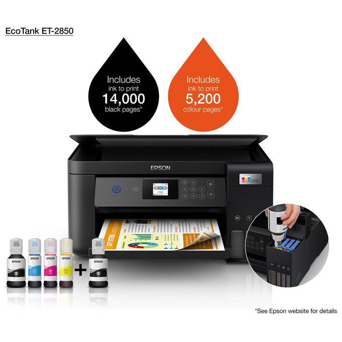 Epson EcoTank ET-2850, Stampante Multifunzione Inkjet A4, Serbatoi Ricaricabili, Wi-Fi