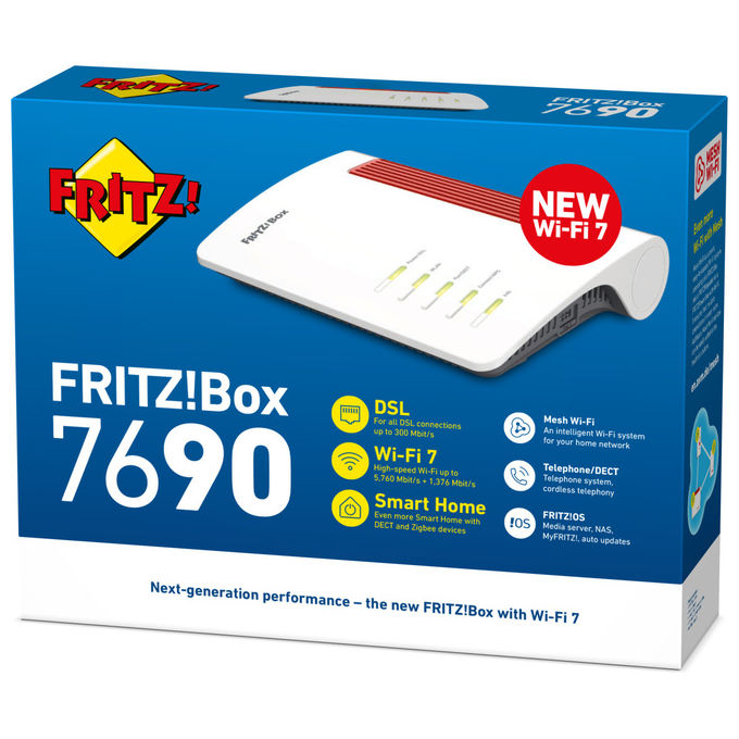 Fritz! Box 7690 Router Modem Wi-Fi 7, VDSL Dual Band, 2.5 Gigabit, Bianco
