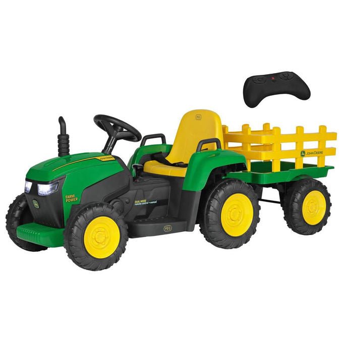 Peg Perego Trattore Elettrico John Deere Farm Power Con Rimorchio e Radiocomando 12V