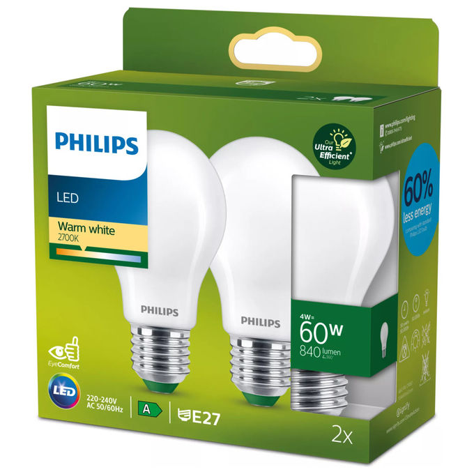 Philips by Signify Lampadina LED Goccia Smerigliata 60 W Equivalenti E27 Bianco Caldo 2 Pezzi