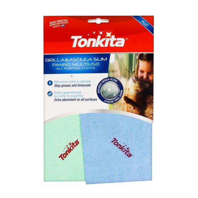 Tonkita Set Panni Multiuso BrillaandAsciuga Slim 29x29 cm Verde e Azzurro