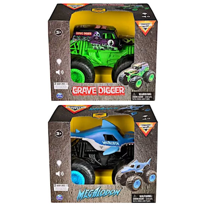 Monster Jam Veicolo Scala 1:24 con Luci e Suoni Modello Grave Digger o Megalodon