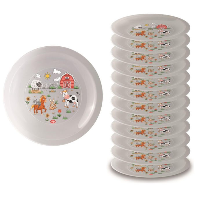 Snips Set 12 Piatti in Plastica Rigida Lavabili Decoro Farm Made in Italy Ø 23.5 cm