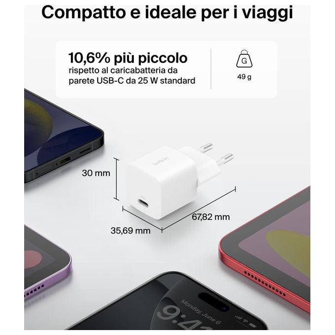 Belkin Caricatore USB-C 25W Ricarica Rapida per iPhone e Samsung Bianco