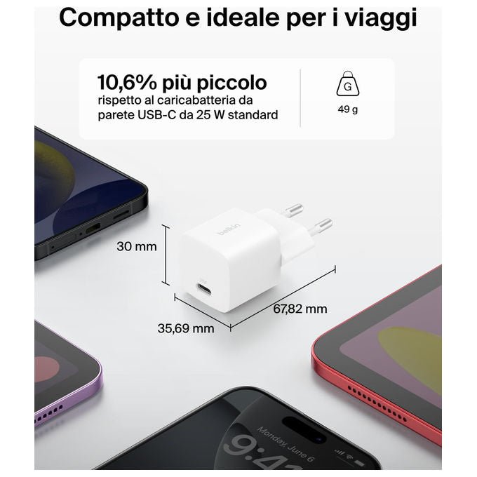 Belkin Caricatore USB-C 25W con Cavo Tipo C 60W Ricarica Rapida Bianco