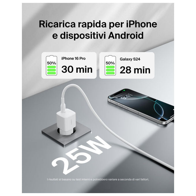 Belkin Caricatore USB-C 25W con Cavo Tipo C 60W Ricarica Rapida Bianco