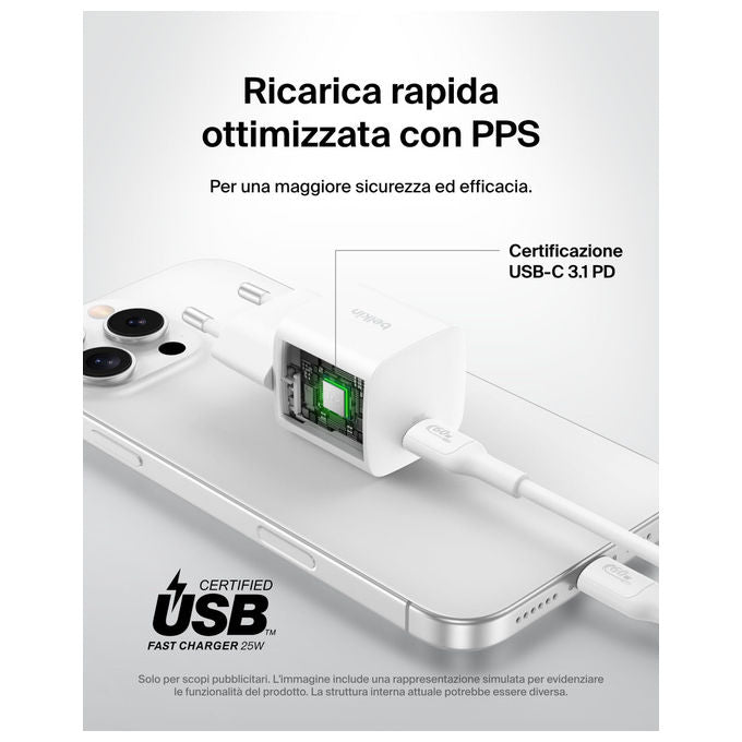 Belkin Caricatore USB-C 25W con Cavo Tipo C 60W Ricarica Rapida Bianco