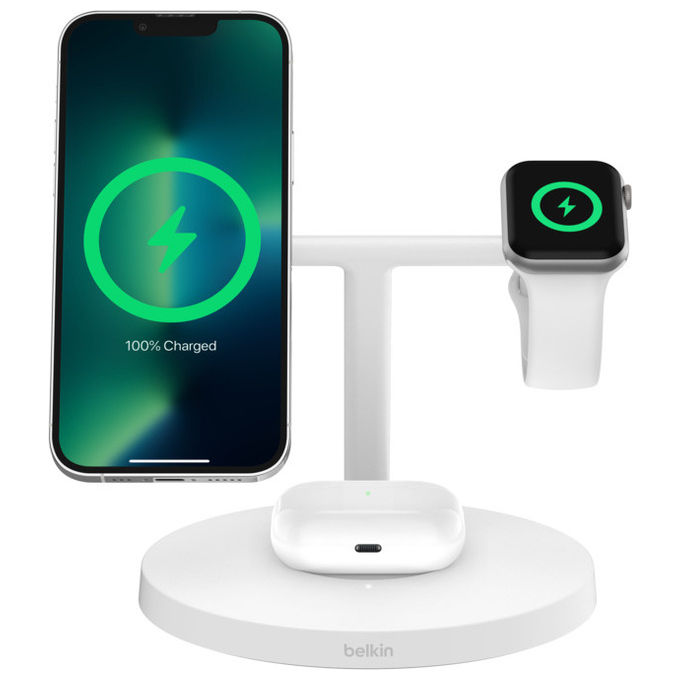 Belkin BoostCharge Pro Caricatore Wireless 3-in-1 Qi2 Ricarica Rapida Bianco per Smartphone Cuffie e Orologi