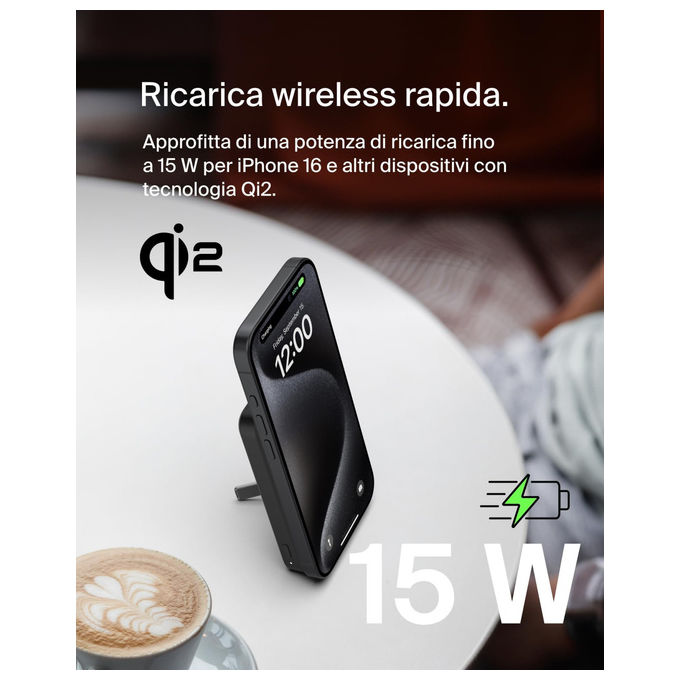 Belkin, Power Bank Magnetico Wireless Qi2, 5000mAh, Compatibile MagSafe, Supporto Integrato, Nero