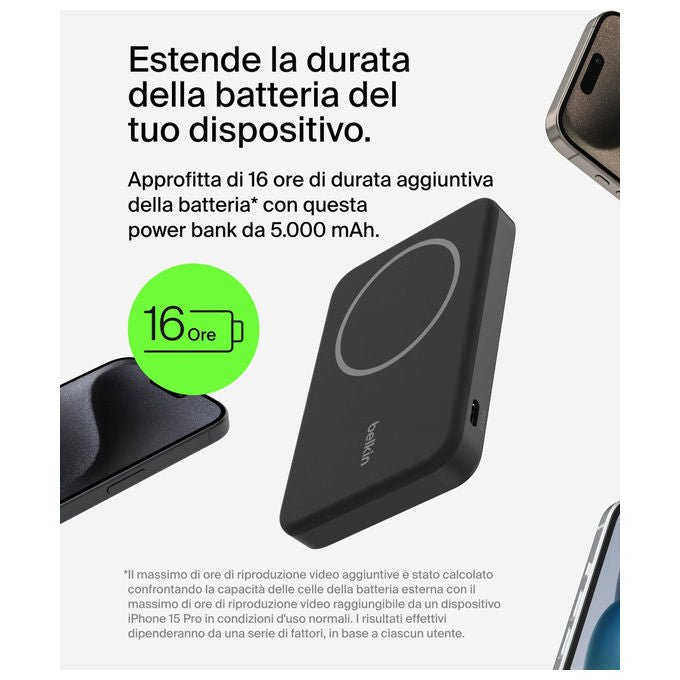 Belkin, Power Bank Magnetico Wireless Qi2, 5000mAh, Compatibile MagSafe, Supporto Integrato, Nero