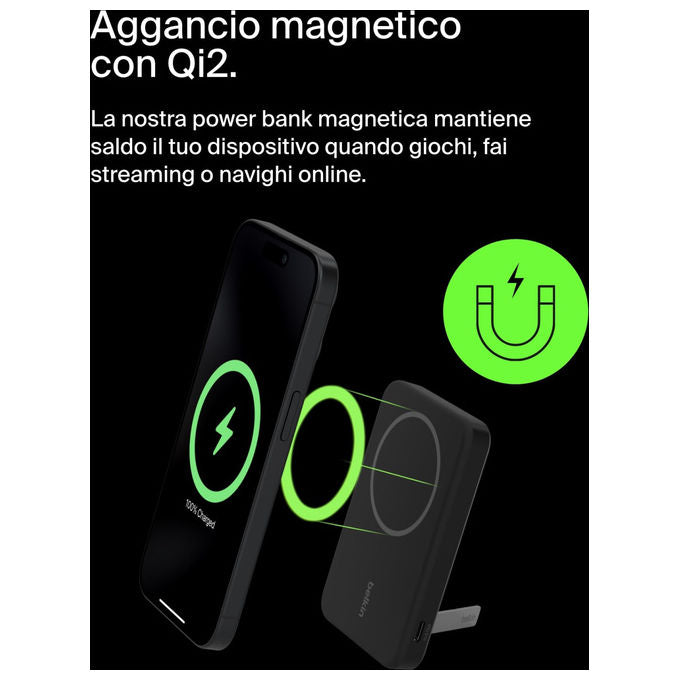 Belkin, Power Bank Magnetico Wireless Qi2, 5000mAh, Compatibile MagSafe, Supporto Integrato, Nero