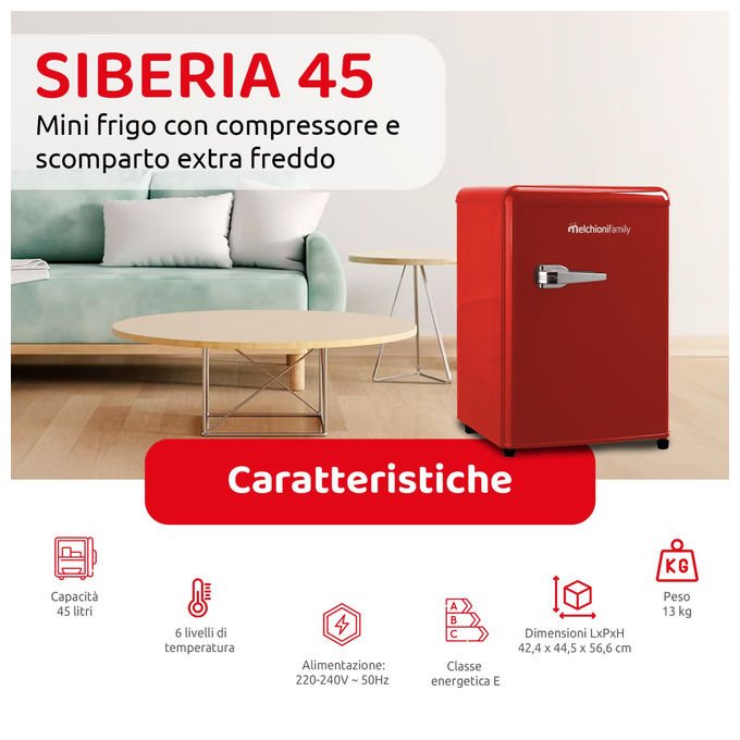 Melchioni Family 118700261 SIBERIA 45 Frigorifero Libera installazione 45 L 58 cm Classe E 45 dB Statico colore Rosso