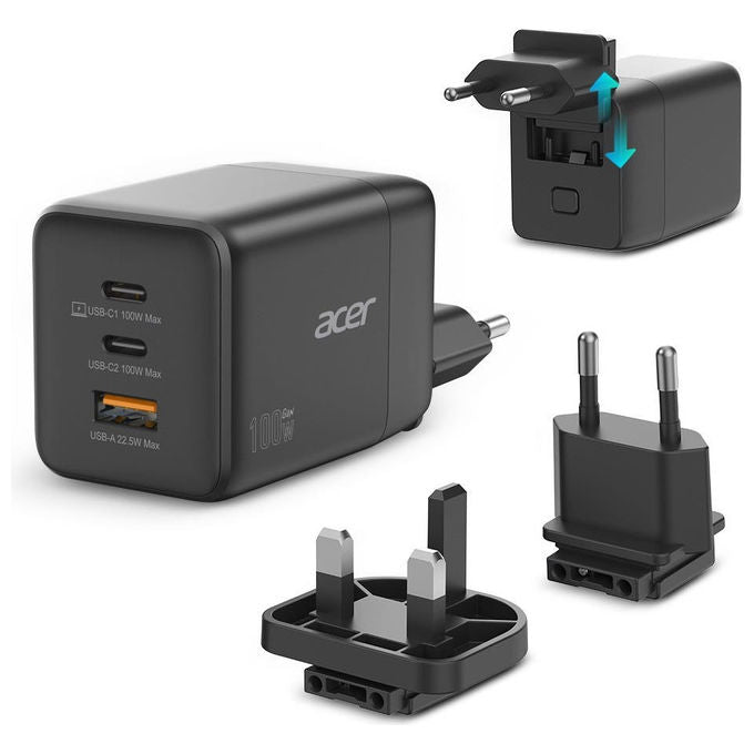 ACER Caricabatterie Universale Nero AC Ricarica Rapida 100W GAN per Dispositivi Mobili - Yeppon