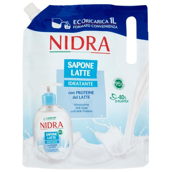 Nidra, Eco-Ricarica Saponelatte Idratante, con Proteine del Latte, 1000 ml, Dermatologicamente Testato, Made in Italy