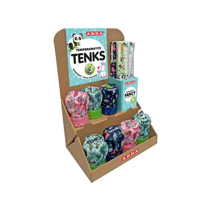 Arda, Temperamatite Manuale Multicolore con Espositore, Tenks Fancy, 24 Temperamatite a 3 Fori e 24 Righelli da 16 cm
