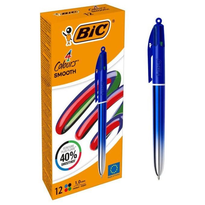 Bic, 4 Colori Smooth, Penna a Sfera Retrattile Girevole, Fusto Blu, 12 pz, Nero, Blu, Verde, Rosso - Yeppon
