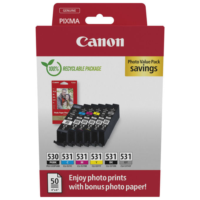 Canon 6117C004 Cartuccia d'Inchiostro PGI-530-CLI-531 PVP 6 pz Originale Nero Ciano Grigio Magenta Nero per Foto Giallo